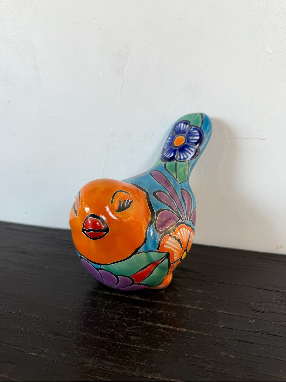 Hand-Painted Orange Floral Ceramic Bird Figurine